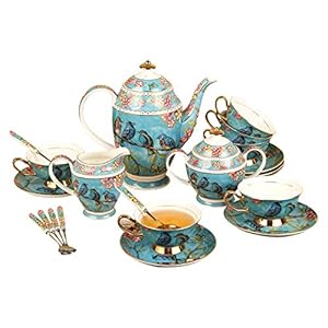 21 Pieces Tea Set for Adults Coffee Cup Sets Bone China Tea Cup and Saucer Gift Set Sugar Bowl, Milk Jar, Spoons Rural Country Style