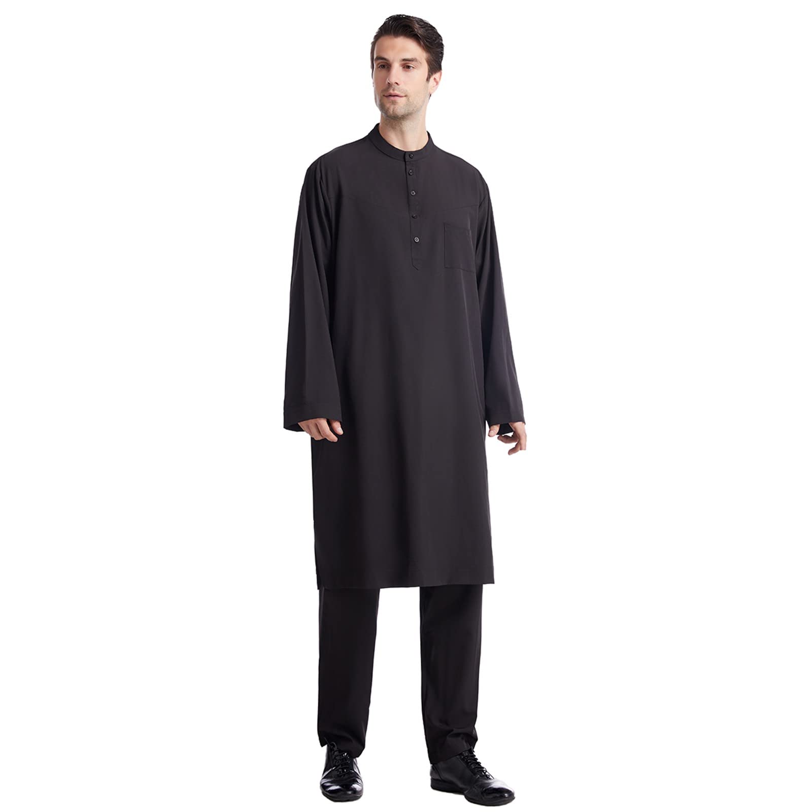 Męska piżama kurta, islamski strój z długim rękawem, jednokolorowy design i kieszeń na piersi, tradycyjna muzułmańska odzież z pasującymi spodniami, idealna do modlitwy, ramadanu, Eid, codziennego