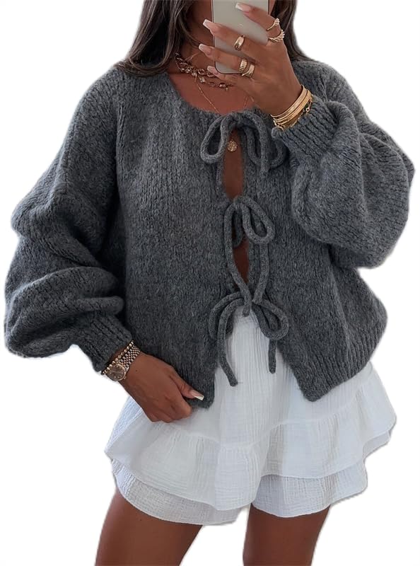 Women's Y2k Tie Front Knit Cardigan Sweater Open Front Long Sleeve Knitted Tops Elegant Going Out Jacket Knitwear