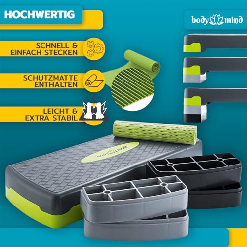 Body & Mind® Aerobic Steppbrett Elite 3-Stufen Stepper Step-Bench mit gratis Anti-Rutsch-Matte & exklusiven Trainings E-Book