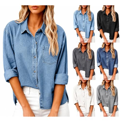 JiXiang Denim Shirts for Women Button Down Long Sleeve Collared Jean Blouse V Neck Roll Up Sleeve Business Office Dressy Tops - image 1
