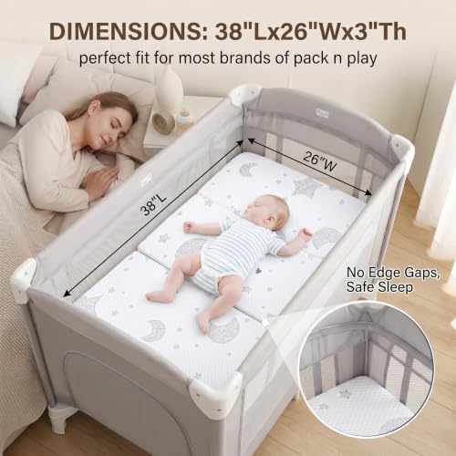 Image of 38 inchx26 inch Memory Foam Pack and Play Mattress - Tri-Fold Portable Travel Bed with Breathable Cover, Non-Slip Base & Carry Bag - Better Sleep, Anywhere