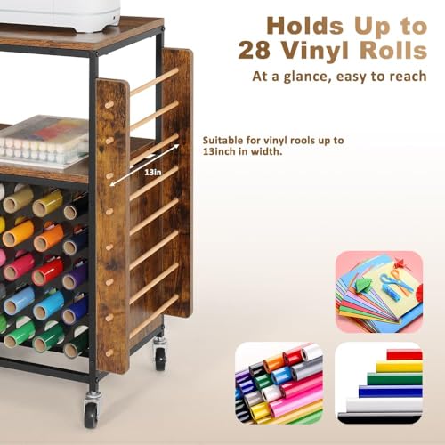 Image of LUCKUP Organization and Storage Craft Table for Cricut Machines, Rolling Cart Cabinet with 28 Vinyl Roll Holders and 5 Drawers, Heat Press Stand Crafting Storage Cart with Hooks, Black (Black)