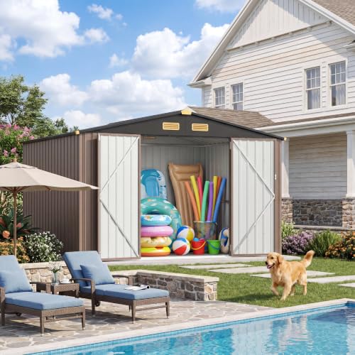 Image of IRONCK Storage Shed, 9.7 x 7.7 FT Tool Shed with Lockable Doors, Brown