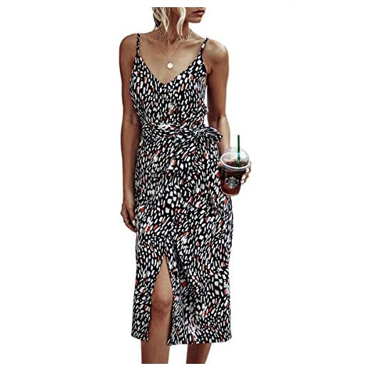 Sommerkleid für Damen, modisch, lässig, schulterfrei, sexy, Partykleid, kurz, schwarz, Medium 4 ASOMI Kleid Damen Sommer Lang Blumen Knielang Sommerkleid Sexy V-Ausschnitt Ärmellos Cocktailkleid Strandkleid mit Gürtel Schwarz Medium