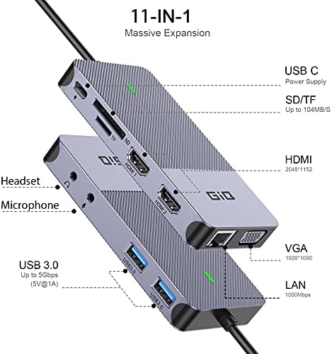 USB Docking Station Giq USB C Hub USB 3.0 to Dual HDMI VGA Adapter Triple Display USB C Laptop Docking Station Dual Monitors Compatible with MacBook M1 USB Dock