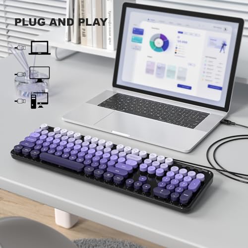 Image of Atelus Computer Keyboard Wired, Retro USB Keyboard with Large Number Pad, Caps Indicators, Foldable Stands, Full Size Typewriter Keyboard for Windows PC Laptop (Black Purple)