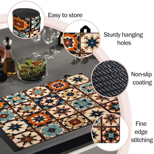Image of Mexican Talavera Tile Stove Top Covers Pad 28 x 20 inches Dish Drying Mat Coffee Bar Mats Kitchen Decor Absorbent Pad Fit Coffee Maker Machine Dish Drying
