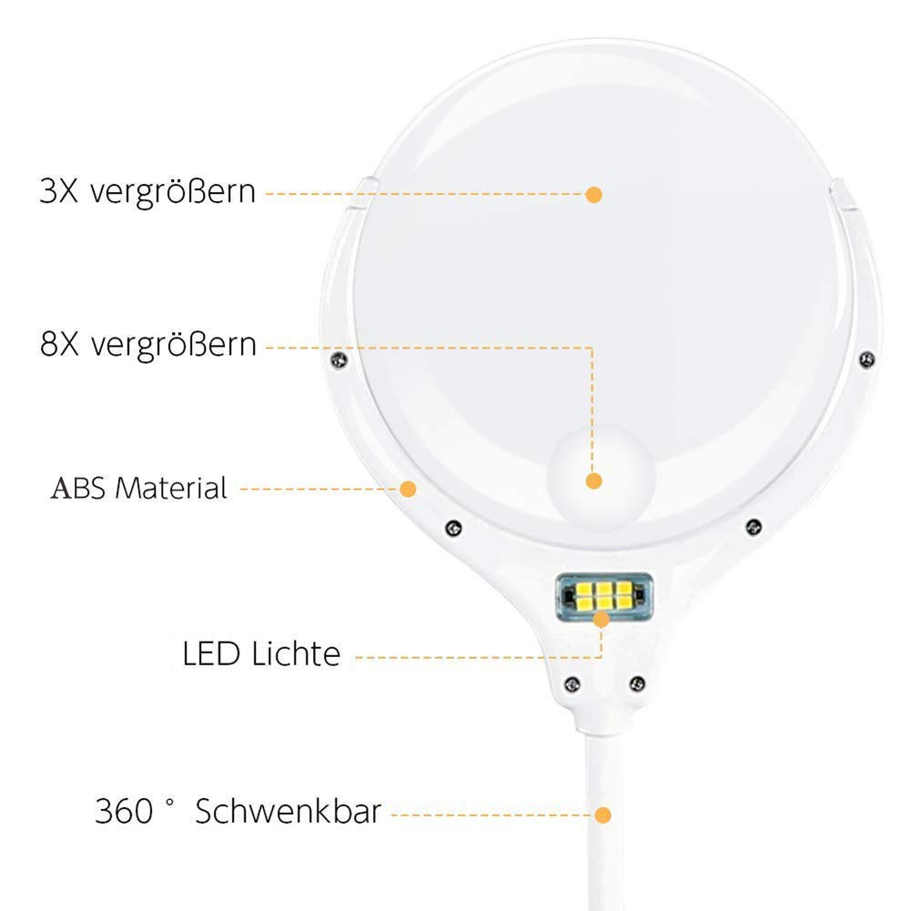 Lámpara con Lupa Y Pinza: Lente Led Regulable, Luz De Trabajo con Brazo Giratorio Ajustable De 3X A 8X, Lupa De Escritorio.