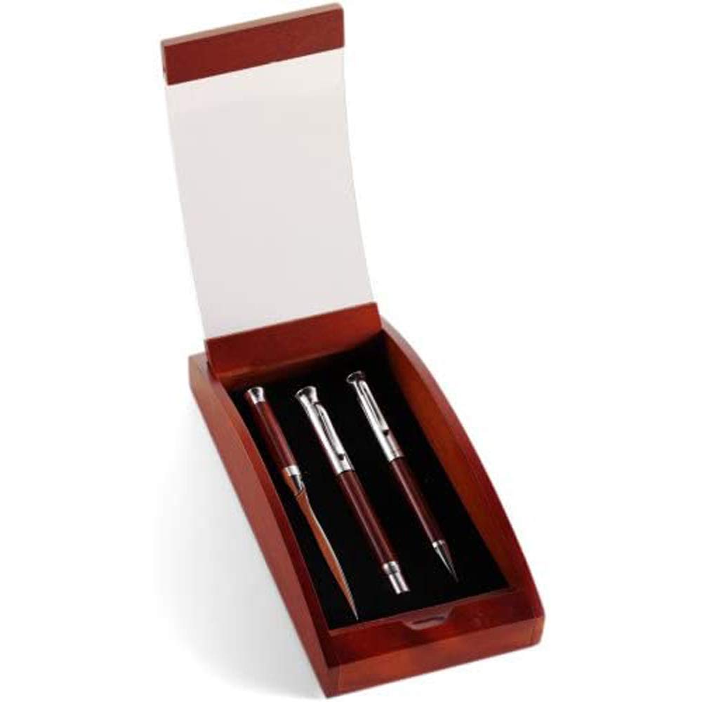 noTrash2003 Elegante juego de escritura de palo de rosa, incluye bolígrafo giratorio, pluma estilográfica y abrecartas, instrumentos de escritura en estuche 21,0 x 10,2 x 4,7 cm
