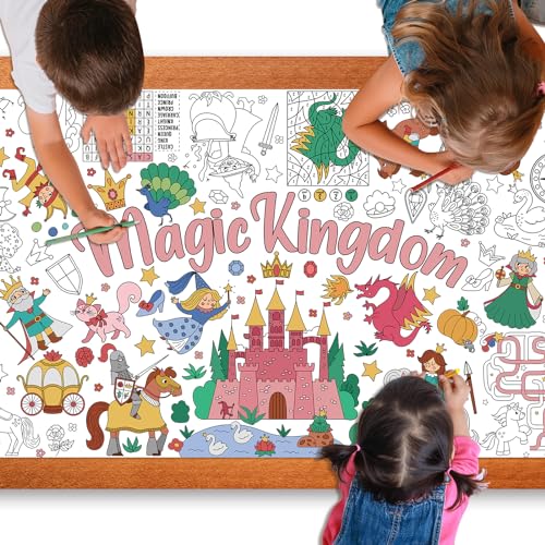 Image of Magic Kingdom Giant Coloring Poster for Kids 30 x 72 Inch, Princess Large Coloring Poster Tablecloth, Fairy Themed Color-in Activities Games for Kids School Classroom Home Party Supplies Decorations