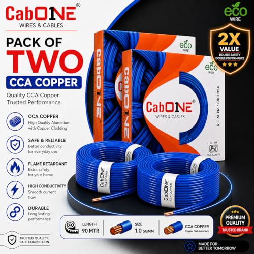 Image of CabONE 1.0 SQ.MM FR PVC Insulated Copper Electrical Wire, 90 Meter (Blue, Pack of 2) | ISI Marked Fire Retardant Single Core Cable for Home Wiring