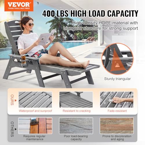 VEVOR Chaise Lounge Chair, 400 lbs Weight Capacity, 6 Positions Adjustable Patio Lounge Chair, Outdoor HDPE Lounge Chair with Backrest & Cup Holder, for Pool Poolside Deck Backyard Lawn, Gray by VEVOR - Image 2