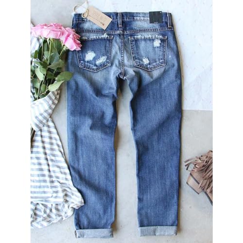 ZOCAVIA Women Trendy Denim Jeans Plaid Patch Ripped Low Pro Distressed Stretch Skinny Cute Boyfriend Pant for Women with Hole3