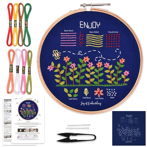 Image of picknMAKE DIY Hand Embroidery Kit for Beginners Adults & Kids - Printed Fabric, Color Threads, Hoop, Cutter & Needle - Garden Joy Theme Art & Craft Kit for Women, Teens, and Beginners