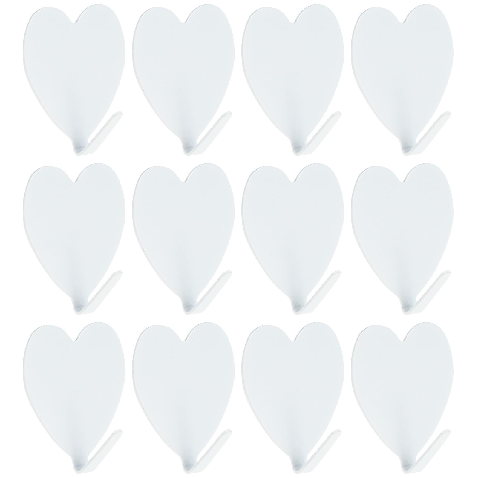 STOBAZA 12 pcs Heart Shaped Adhesive Hooks Traceless Wall Mounted Hangers for Bathroom Kitchen Bedroom Coat Hook for Towels Hats Keys Handbags White