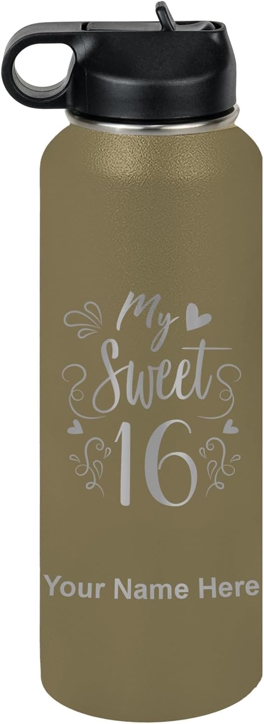 LaserGram Personalized Water Bottle, My Sweet 16, Stainless Steel Double Wall Vacuum Insulated with Flip Top Straw, Custom Engraved Gift (40oz / 1180ml Camo Green)