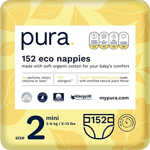 Pura Pañales ecológicos premium para bebés tamaño 2 (mini 3-6 kg/6-13 libras) 4 x 38 por paquete, 152 pañales sostenibles para bebés, sin perfume, clínicamente probados e hipoalergénicos