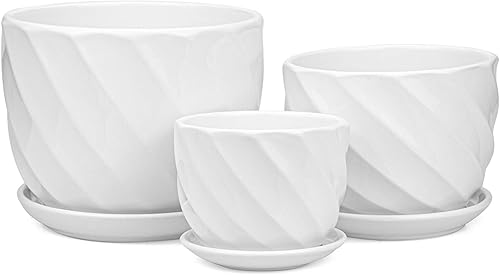 Miniatura 6 de Foraineam Juego de 3 macetas redondas de cerámica modernas de tamaño pequeño a grande, macetas de flores de jardín blancas para suculentas con