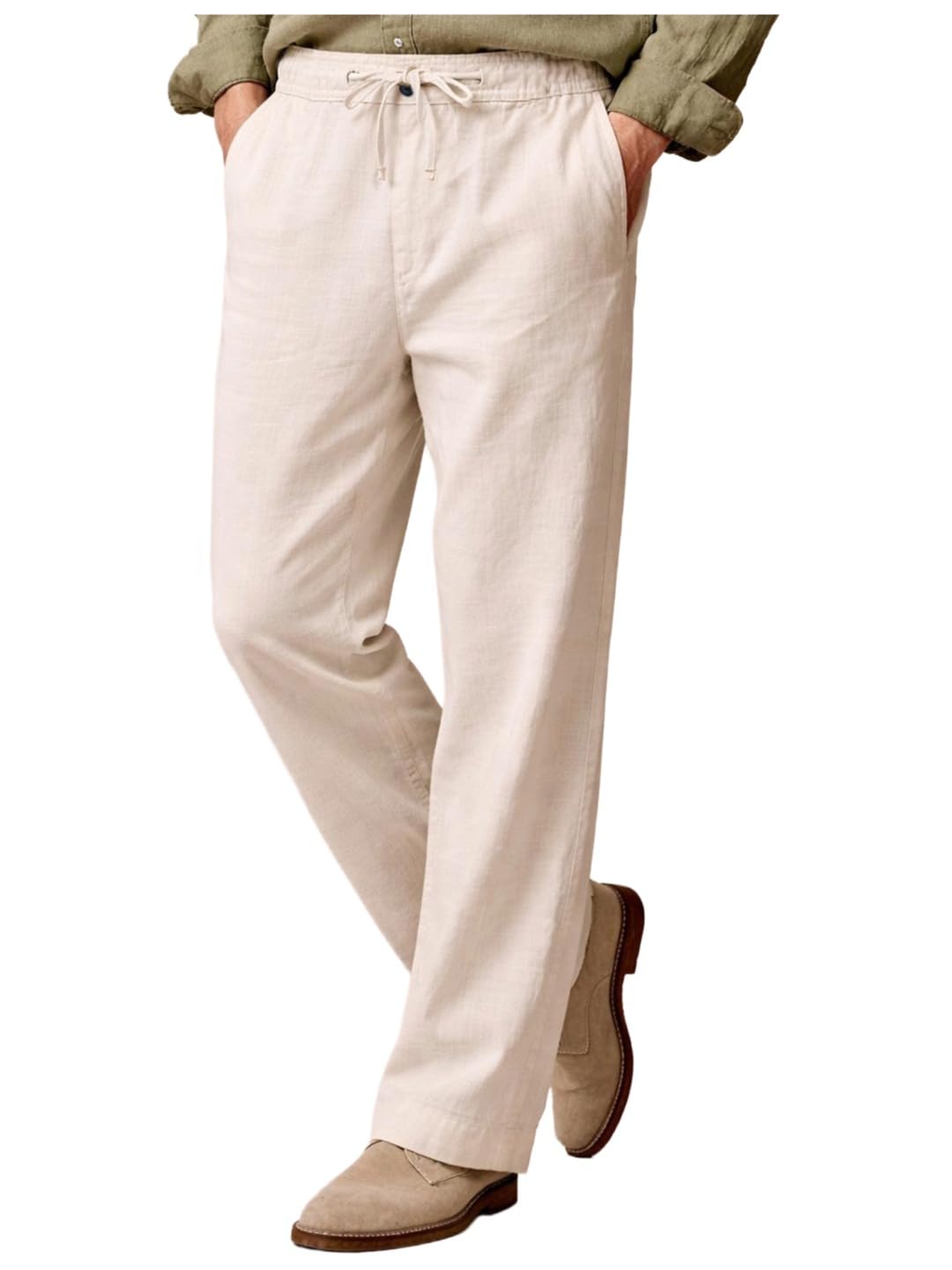 Men Solid Beige Lounge Pants | Relaxed Fit Casual Trousers | Drawstring Waist Comfortable Linen Bottom Wear, Travel & Home Use Pant for Men-image-3
