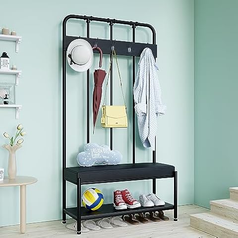 HOOMIC Coat Rack Shoe Bench, Entryway Hall Tree with Shoe Storage, Freestanding Coat Hanger Organizer with 5 Hooks & Faux Leather Seat Cushion, Industrial Accent Furniture with Metal Frame, Black Cover