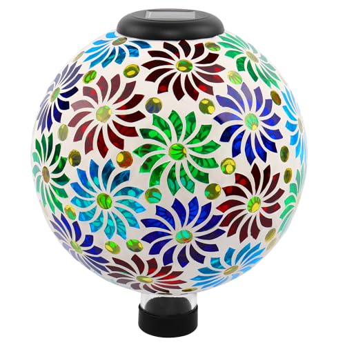 SAVENNA Mosaic Solar Gazing Ball 10 Inch,Glass Garden Globe with Auto On/Off for Yard, Lawn & Outdoor Decor,Multi-Color