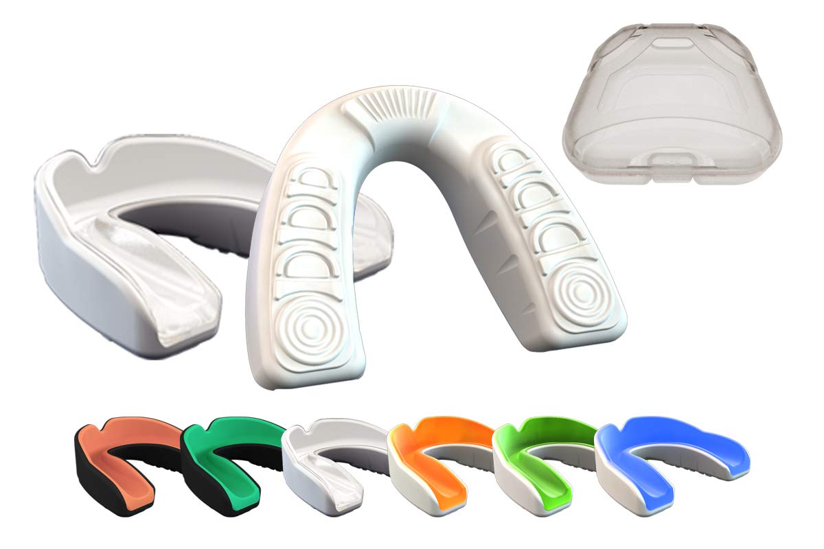 COOLLO SPORTS (Ages 10 & Below, Trans. & White) - Boil and Bite Mouth Guard (Youth & Adult) DA Custom Fit Mouthpiece for Football, Hockey, Rugby, Lacrosse, Boxing, MMA (Free Case Included )
