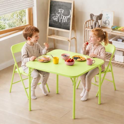 Image of JOYMOR Kids Folding Table and Chairs Set, 3-Piece Metal Frame Activity Set with Easy-Fold Design for Playroom & Classroom, Green