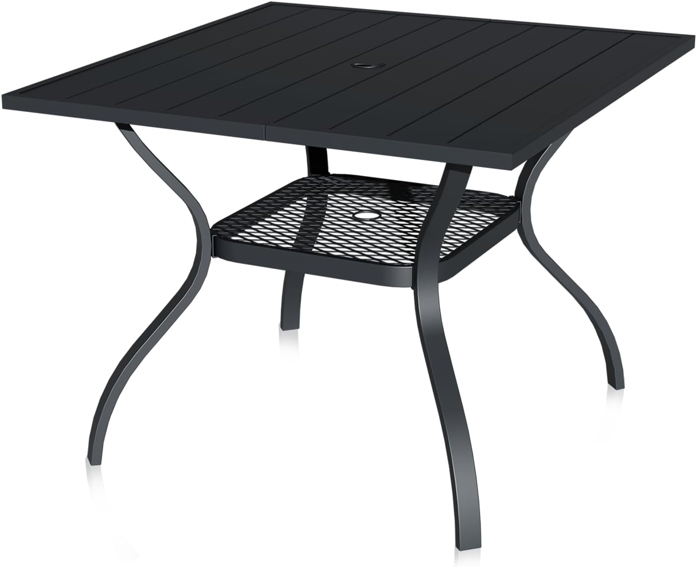 bigget 37.8" Square Outdoor Patio Dining Table for 4, All Weather Black Outdoor Dining Table with Storage Mesh Shelf & Umbrella Hole, Heavy Duty Wrought Iron Patio Coffee Table for Garden, Lawn, Deck