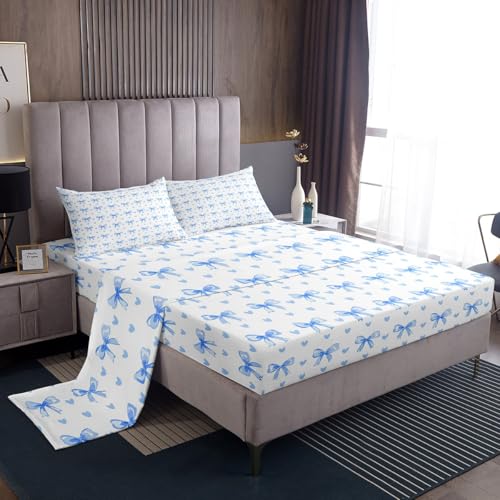Homemissing Juego de sábanas con lazo azul para niñas, tamaño King, con bolsillo profundo, juego de ropa de cama suave kawaii, 4 piezas con 2 fundas de almohada, estilo princesa de ensueño