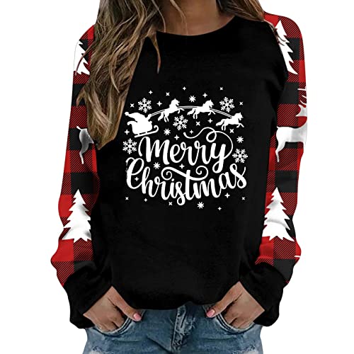 TRIGLICOLEUM Merry Christmas Sweat-shirt pour femme 2022 Noël Chemisier à carreaux à manches longues col rond Pull de Noël Imprimé Alphabet T-shirt à manches longues Pull Automne Hiver Pull de Noël Cover