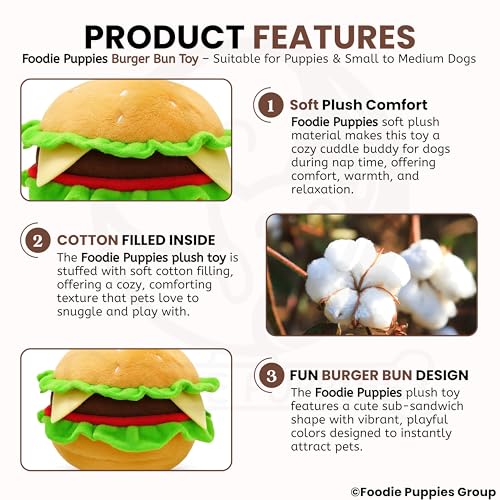 Image of Foodie Puppies Dog Squeaky Plush Toy - (BurgerBun) | Durable, Bite-Resistant & Soft Stuffed Chew Toy | Safe, Fun & Interactive for Playtime, Dental Exercise & Teething for Small to Medium Dogs (8cm)