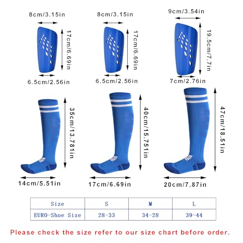 Topbuti 2 Pairs Soccer Shin Guards for Kids Youth Adults, Shin Pads and Long Soccer Socks for 3-15 Years Old Boys Girls, Protective Gear Soccer Equipment for Football Games (Large, Black, Blue)