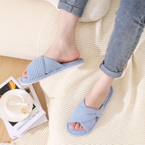 Image of Evshine Summer House Slippers for Women Corduroy Cross Bow Indoor Slippers Open Toe Slip On Bedroom Shoes with Memory Foam
