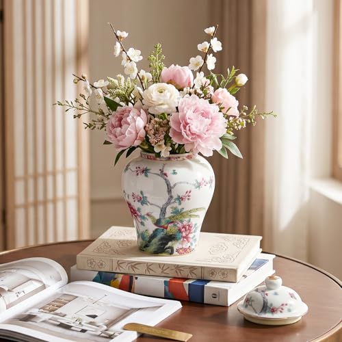 Image of Goaste 7.68 inch Chinoiserie Porcelain Ginger Jar with Lid, Airtight Vintage Ginger Jars with Gilt Edges, Hand-Painted Floral Bird Decorative Vase for Tea Candy Sugar Herbs, Kitchen Coffee Table Shelf