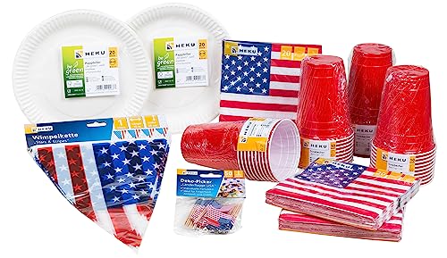 HEKU Kit de fête américain de 191 pièces I Assiettes en carton Ø 23 cm, gobelets rouges, serviettes 3 couches 33 x 33 cm, pic décoratif, guirlande de...
