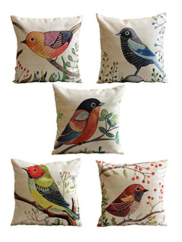 Image of ROMEE Designer Bird Printed Printed Cushion Covers 16 inch x 16 inch Set of 5 | Decorative Square Jute Throw Pillow /Cushion Cover for Living Room, Sofa, Couch, Bedroom (Beige)