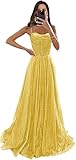 Sequin Prom Dress Cowl Neck Corset Long Ball Gown with Slit Spaghetti Straps Sparkly Tulle Formal Evening Gowns Yellow S