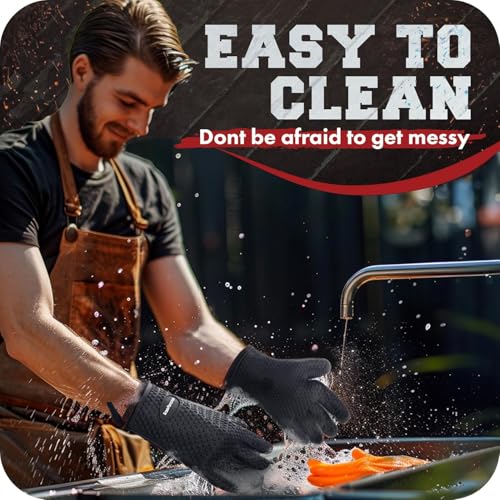 Image of KITCHEN PERFECTION Silicone Smoker BBQ Gloves - Heat Resistant Oven Mitts | Waterproof, 5-Finger Design For A Better Grip, for Pitmasters, Meat Smoking, Grilling, Cooking, Frying Turkey | Grill Gift