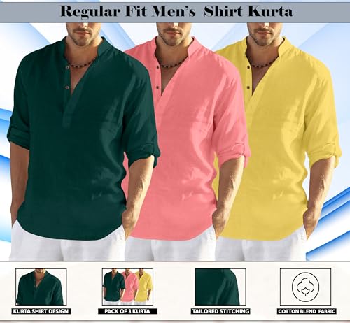 Image of Zombom Combo of Men's Solid Cotton Polyester Blend Full Sleeve Mandarin /Chinese Collor Straight Kurta Shirt (Pack of 3)