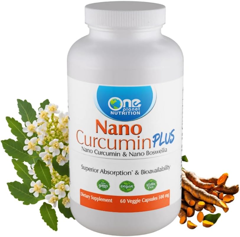 One Planet Nutrition Nano Curcumin Plus Capsules - 500 mg (60 Count) - Nano Particle Size Turmeric & Boswellia for High Absorption - Supports Overall Health - Gluten Free, Non GMO, Vegan