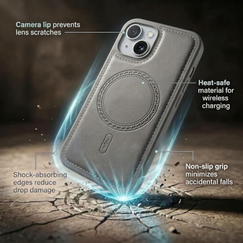 Image of amazon basics Premium PU Leather Case for iPhone 12, MagSafe Compatible Magnetic Ring, Sleek Protective Back Cover - [Gray]