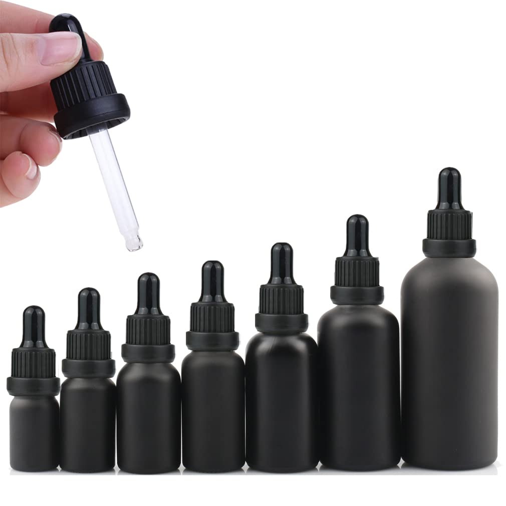 24 Stück 50 ml Gefrostet Schwarzglas Pipettenflasche mit Schwarz Originalitätsverschluss Pipettenring, Leere Klar Glasflasche Glaspipette Tropfflaschen für Ätherische Öle Aromatherapie
