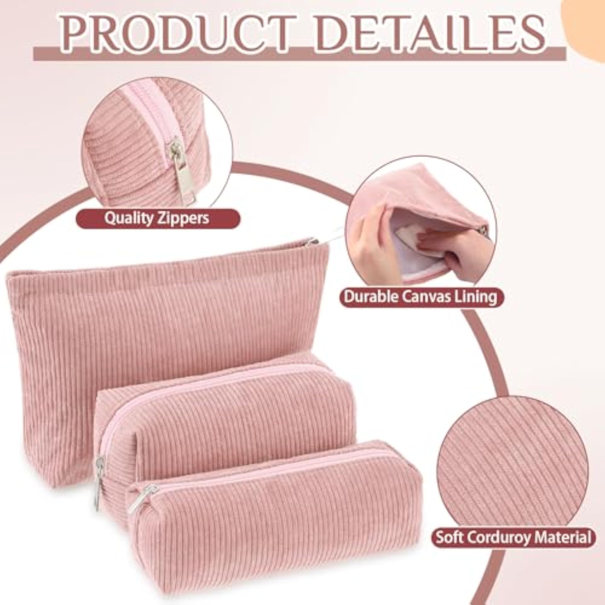 3 Pcs Makeup Bag Aesthetic Corduroy Cosmetic Set