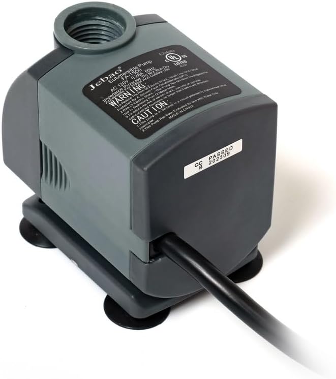 Part posterior view of the Jebao FA-1500 pump, showing the power cord entry and a label with specifications and warnings.