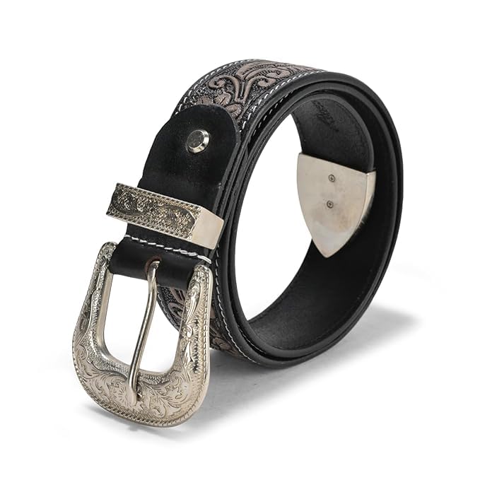 Image of Western Leather Belt for Men & Women, Floral Embossed Cowhide, Durable Rodeo Style for Jeans, Casual Wear & Country Outfits