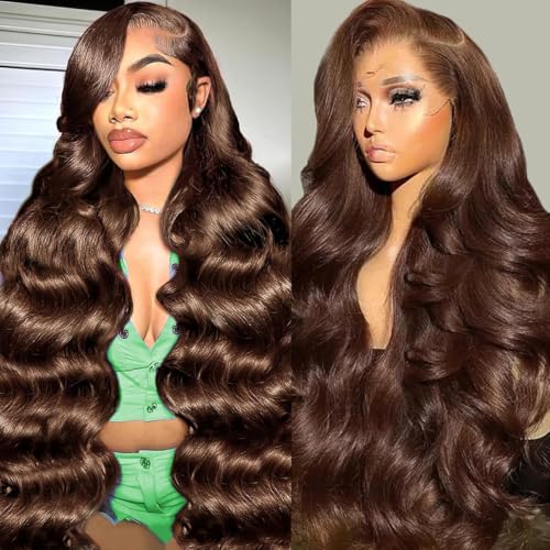 Perruque cheveux humains ondulés 71cm marron chocolat lace frontale 200%