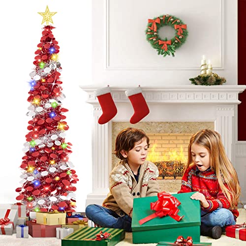 Hmasyo Pop Up Tinsel Christmas Tree With 50 Colorful Led Lights - 5Ft Collapsible Dual Colored Sequin Artificial Pencil Christmas Trees For Home Apartment Party Indoor Outdoor Christmas Decorations #TOP2