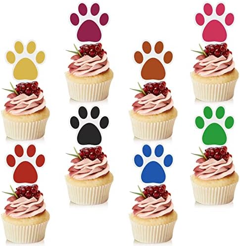 Weecent 48 Pcs Paw Cake Topper - 8 Color Paw Print Cupcake Topper Dog Birthday Party Supplies Dog Cupcake Toppers Pet Puppy Dog Birthday Party Decorations