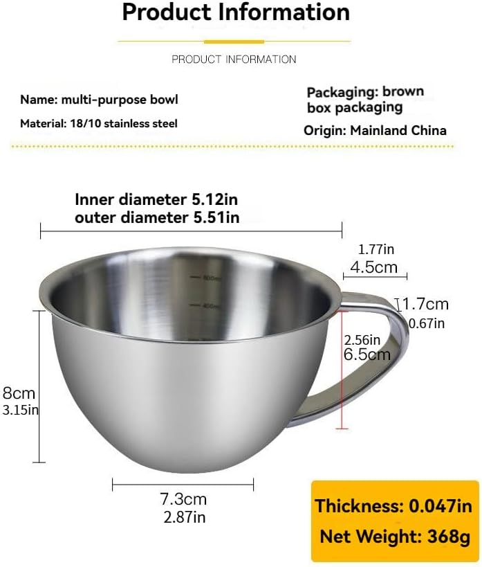 316 Stainless Steel Mixing Bowl, Premium 18/10 Grade, Heavy Duty 368g with Handle, Modern Minimalist Design, Multiple Size Options with Volume Markings (Cup with Lid, 6.3inchs)